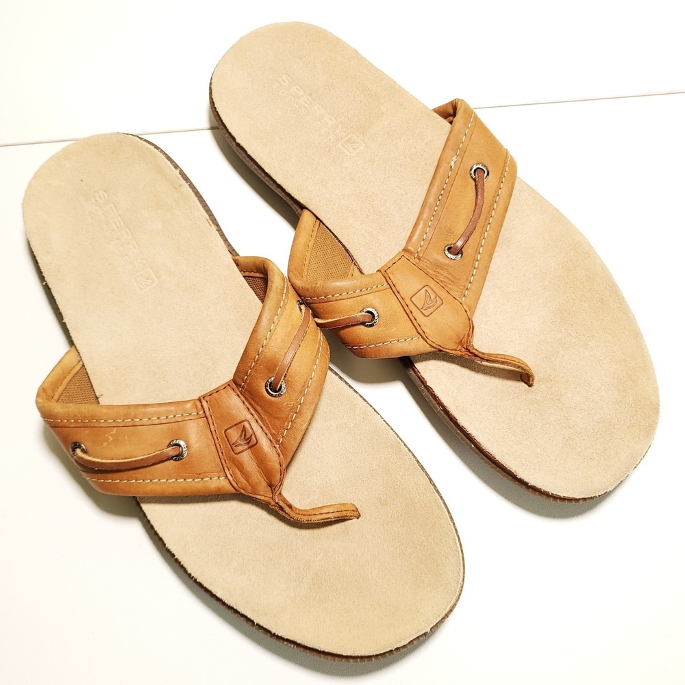 Sperry Top Sider Mens 13 Leather Thong Flip Flop Sandals Brown Casual
